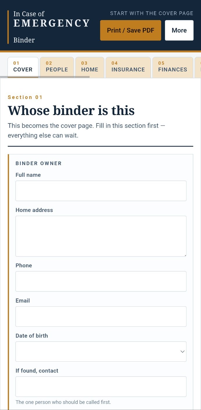 In Case of Emergency Binder running as an installed Android PWA