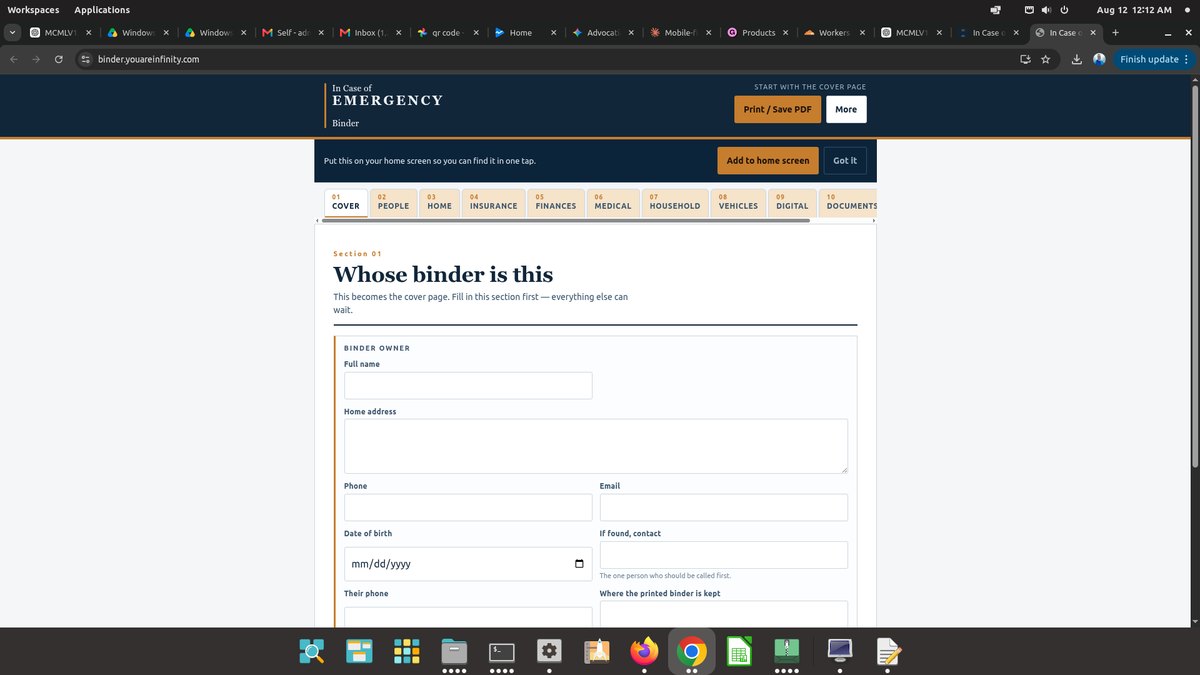 In Case of Emergency Binder running as the tested desktop PWA
